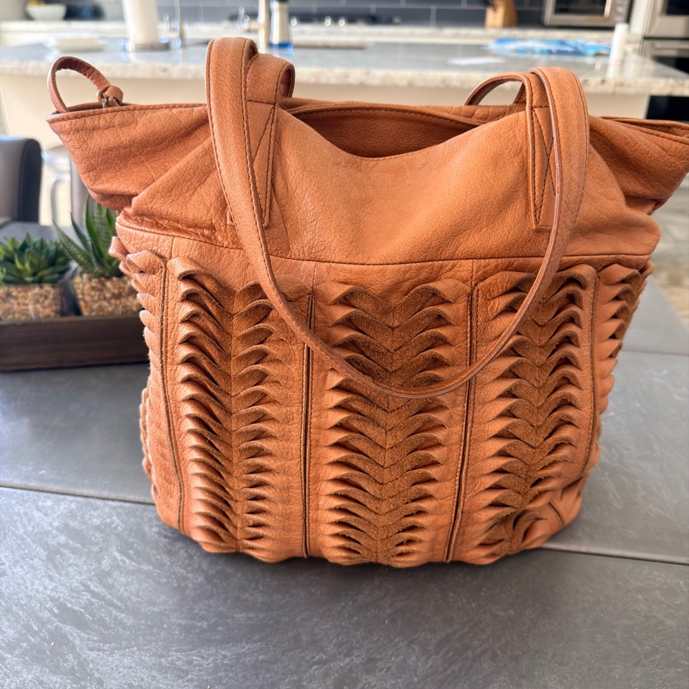 Woven Detail Soft Day & Mood Leather Tote Bag - Tan